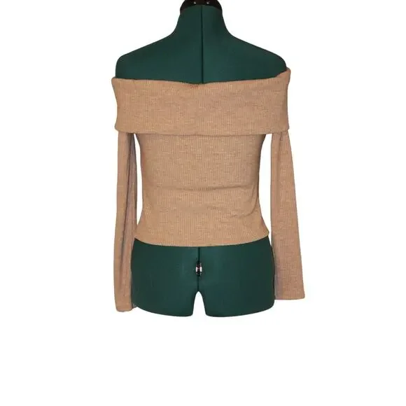 NWT Lovers + Friends Beige Off-Shoulder Ribbed Knit Long Sleeve Top Women  Small - Picture 3 of 4